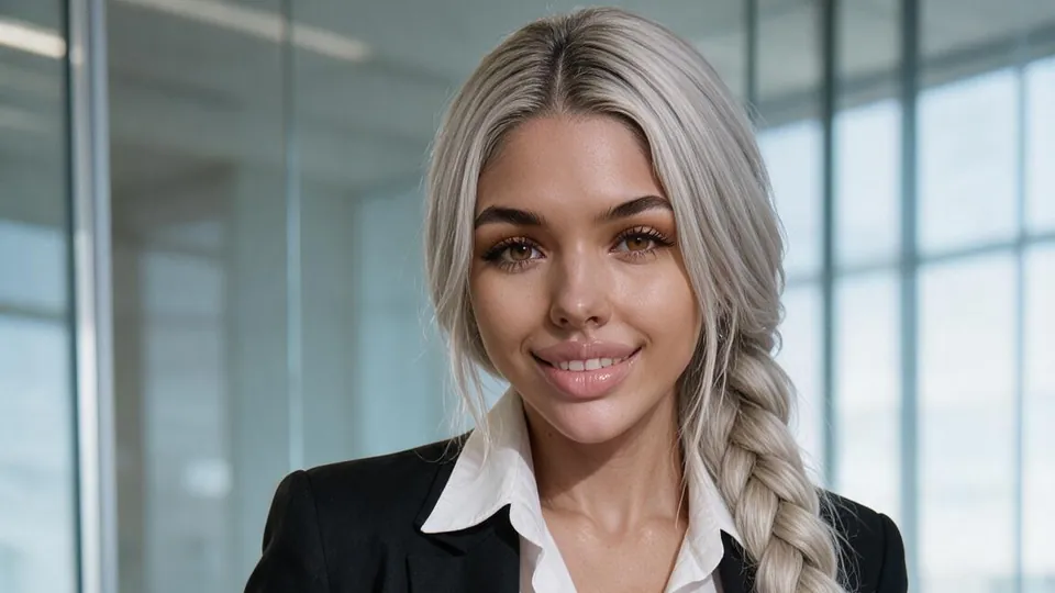 Valentina in a black blazer, with a long platinum braid